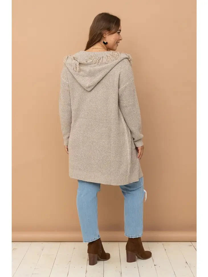 ALL SIZES- Hooded Fringe Knit Open Cardigan