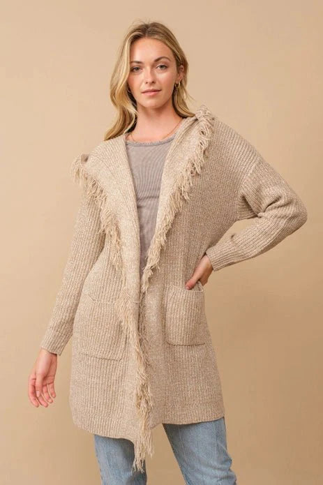 ALL SIZES- Hooded Fringe Knit Open Cardigan